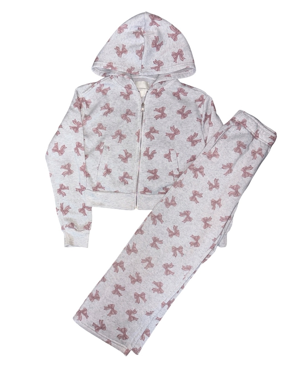 No Comment Girls Gray Hoodie & Jogger Set with Pink Bow Print